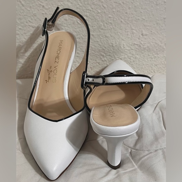 EUC Marchez Vous Mara White Napa Heels Trimmed in Black Buckle closure size 10 - Picture 2 of 5